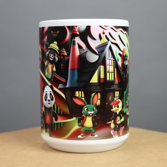 Mug with Red, Black, Green and Yellow cartoon animals enjoying outdoor activities