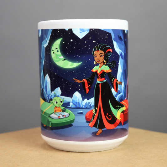 Mug with a colorful illustration of an African American alien, and a moon on a blue background