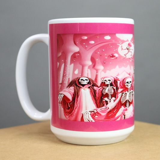 Mug with a pink and white design featuring skeletons and a mushroom-like structure on a pink background.