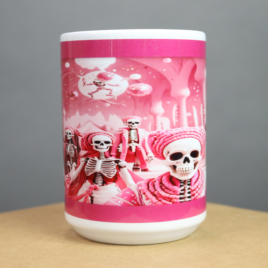 Pink and white mug with skeleton Day of the Dead on a pink background