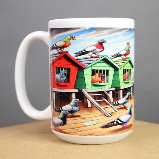 Mug with a colorful design of pigeons and birdhouses