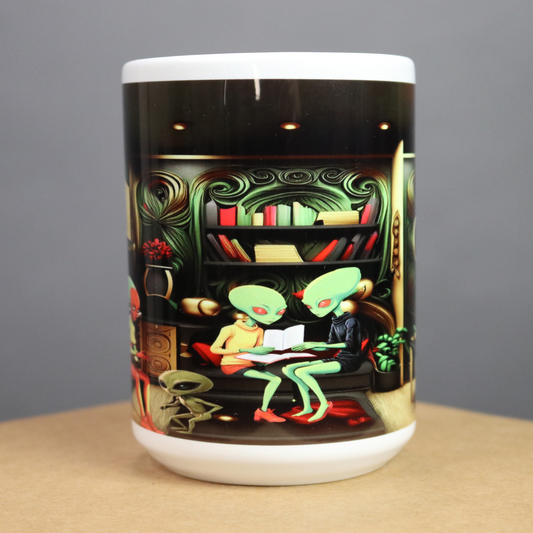 Mug with African American alien being homeschooled