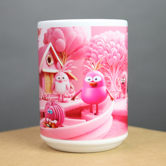 Pink mug with cartoon characters and a candy-themed design on a pink background