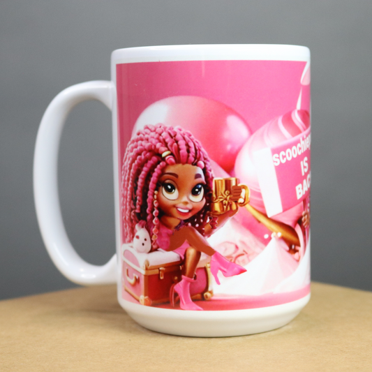 Pink mug with a colorful design featuring ScoochiePoe