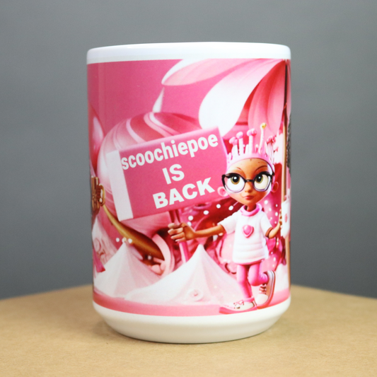 Mug with an alien character announcing scoochiepoe is back'