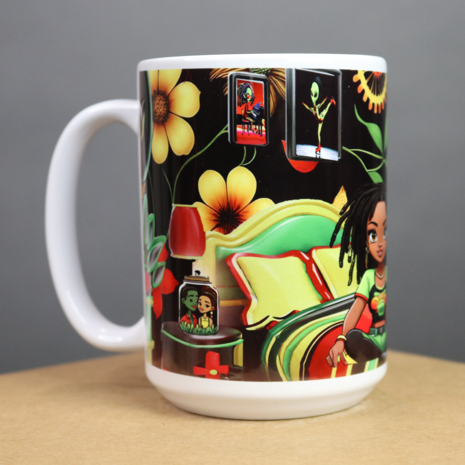 Colorful mug with artistic design on a black background