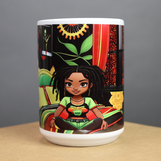 Mug with a colorful design featuring a stylized illustration of a pretty African American girl  on a Red, Black, Green and Yellow  background