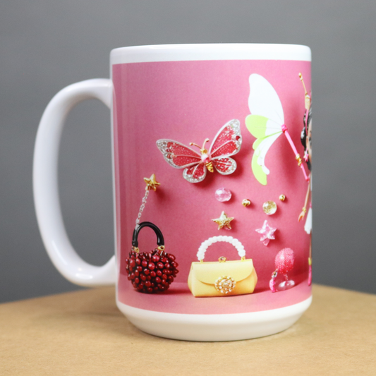 Pink mug with decorative elements including butterflies and  a beautiful African American girl
