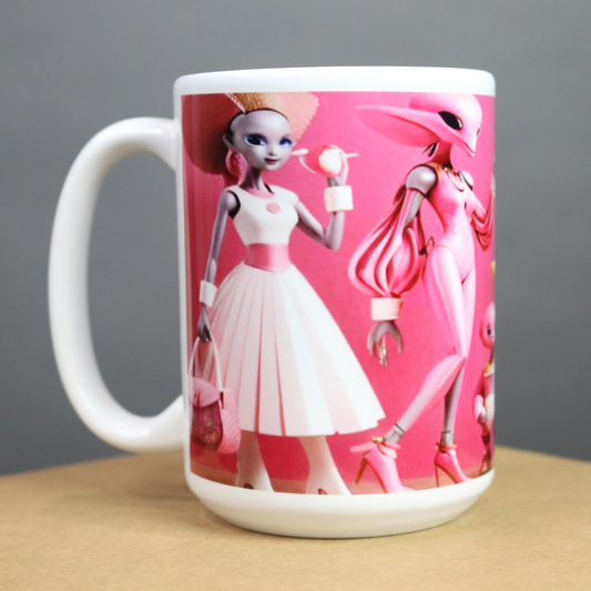 Pink mug with a Alien design featuring two fashion trendy characters