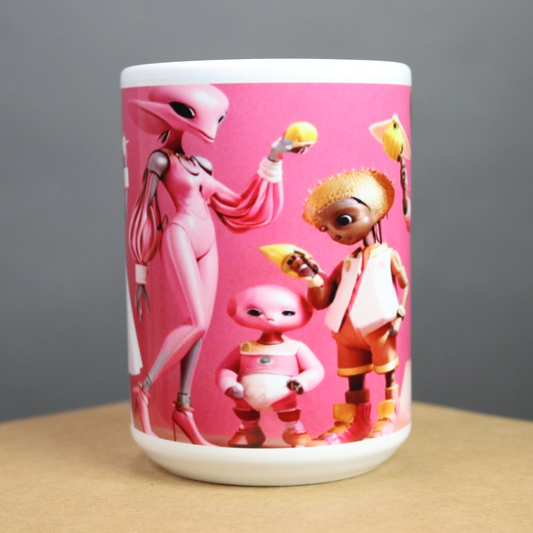 Mug with animated alien characters on a pink background