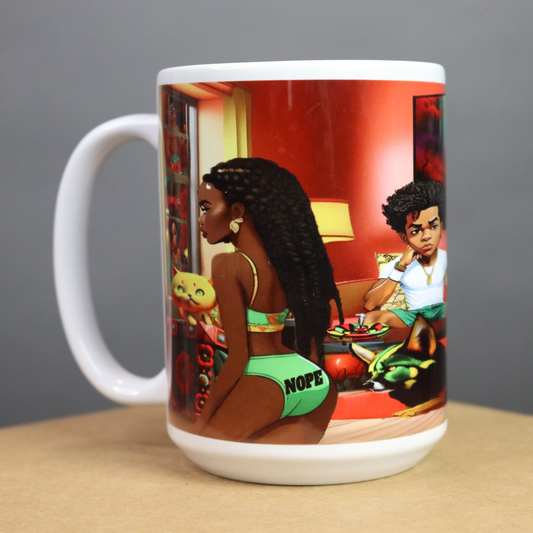 Mug with a colorful design of a woman looking out the window of the women by the water in