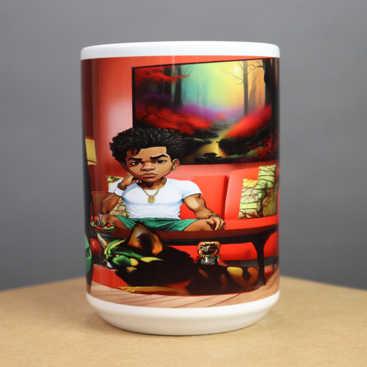 Mug with a colorful design of an African American man sitting on a couch, surrounded by abstract art, angry his girlfriend doesn't want to go to the water.