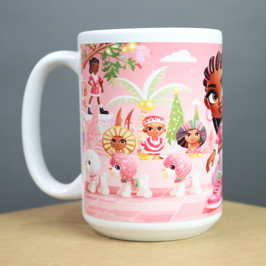 Mug with a beautiful African American  dog lover walking pups