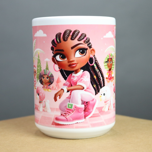 Pink mug with a fashion conscious  beautiful African American girl pretty in pink