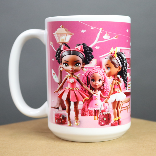 Pink mug with beautiful African American girls on a pink background