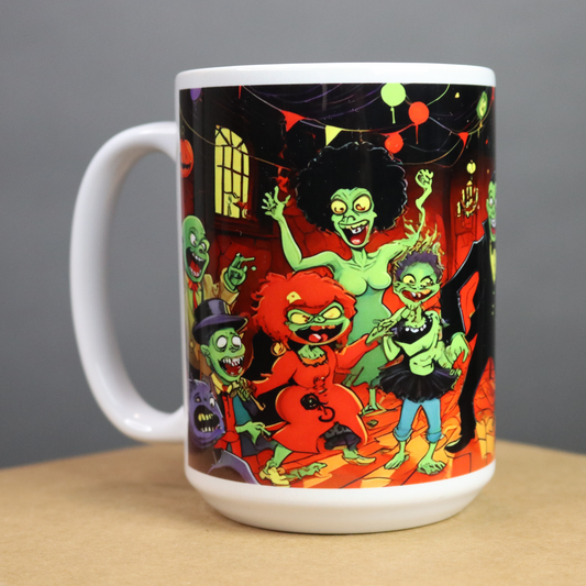 Mug with African American Halloween-themed design featuring Ghouls and Goblins at Dracula's house
