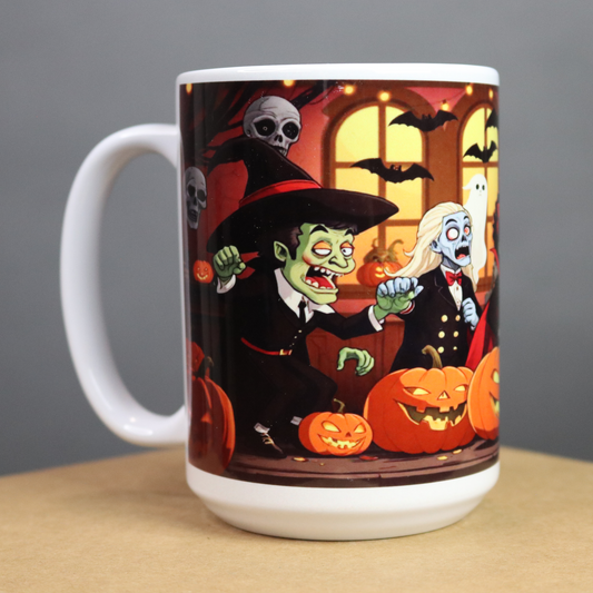 Halloween-themed mug with African American characters at a house party
