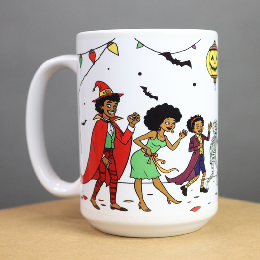 White mug with Halloween-themed design featuring African American characters