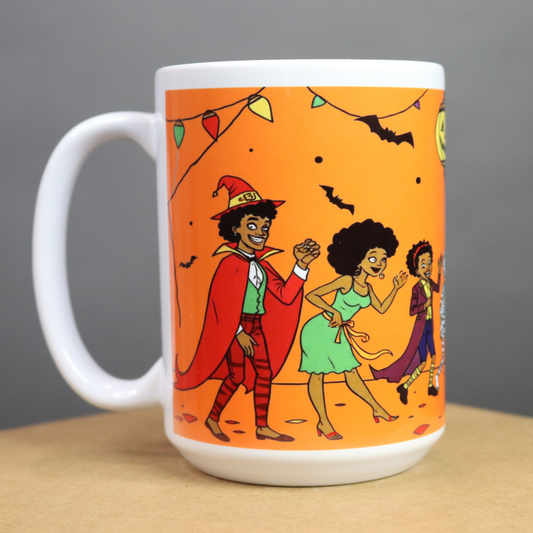 Mug with Halloween-themed design featuring African American characters on an orange background