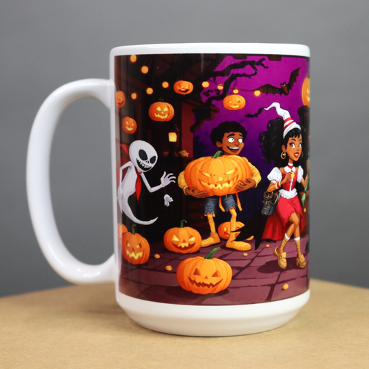Halloween-themed mug with cartoon characters at the neighborhood block party.