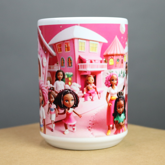 Mug with a colorful design of a pink houses on a family compound
