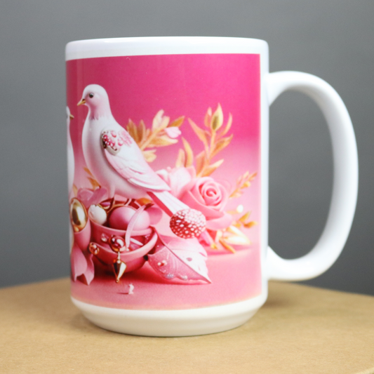 Mug with a pink design of a dove and flowers on a pink background
