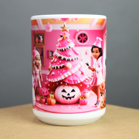 Pink mug with a Halloween and Christmas themed design featuring a pink tree and decorations on a pink background