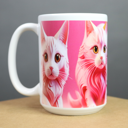 Pink mug with a pink background featuring pink cats
