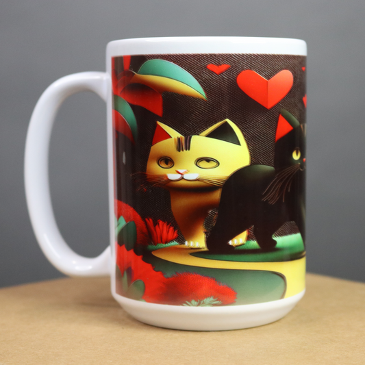 Mug with a colorful design of ethnic cats and hearts on a black background