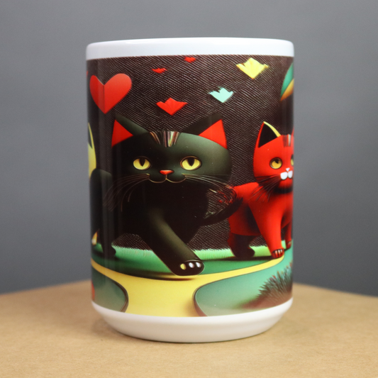 Mug with black and red cat design on a black background