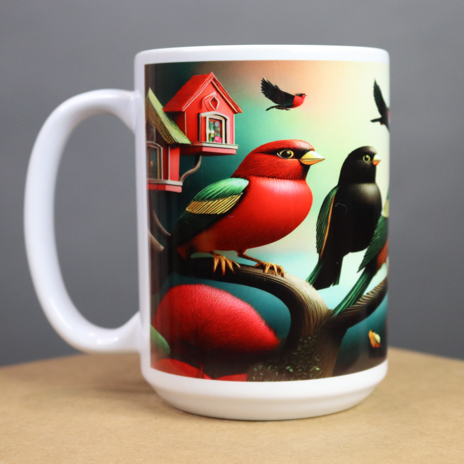 Ethnic mug with colorful bird designs