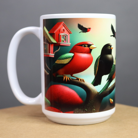 Ethnic mug with colorful bird designs