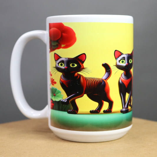 Mug with black cats and red flowers design on a yellow background