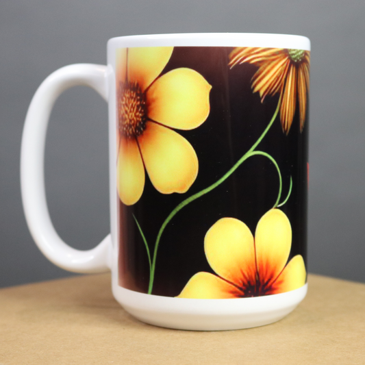 Black mug with yellow floral design