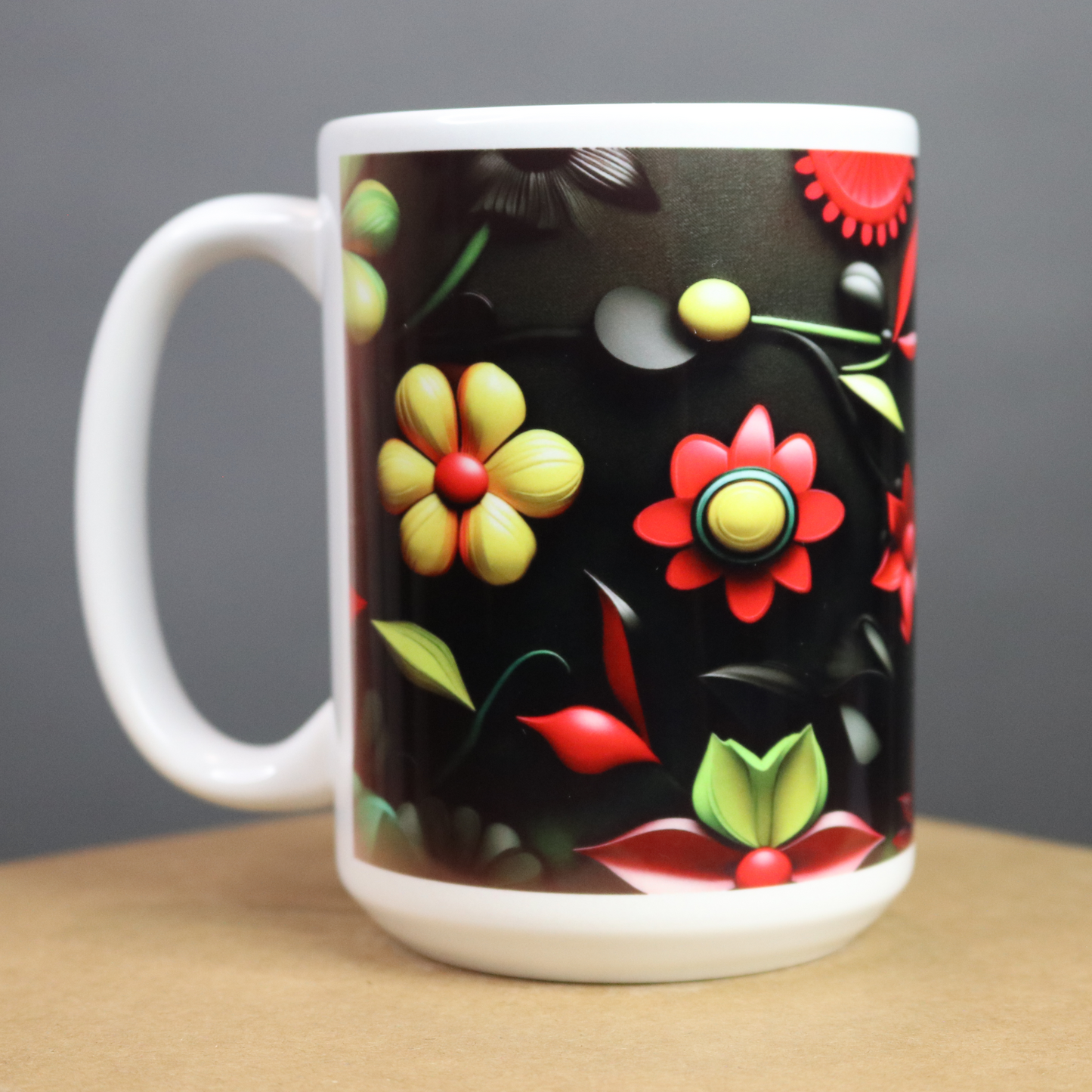 Mug with colorful floral design on a black background