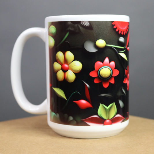 Mug with colorful floral design on a black background