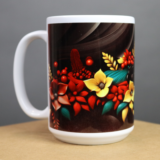 Mug with floral design on a black background