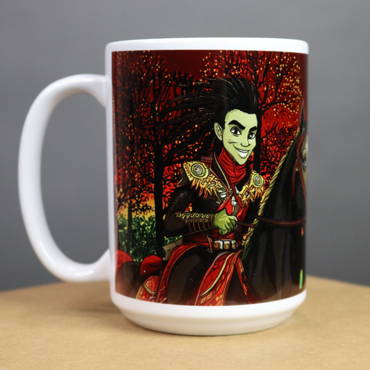 Mug with an alien design on a gray black, red, green and yellow background