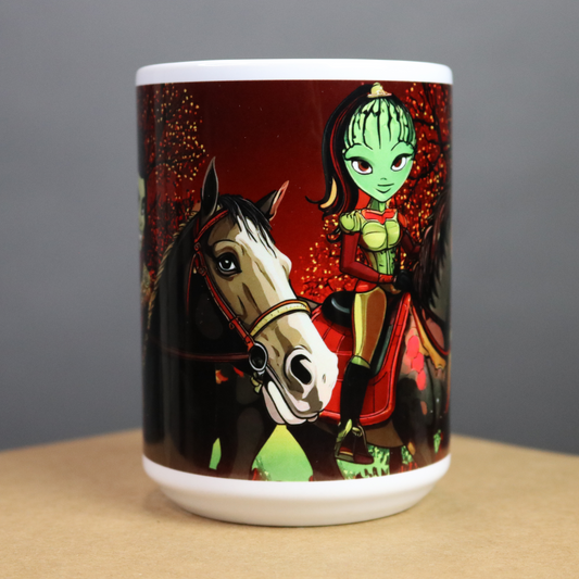 Mug with a fantasy design of a green-skinned warrior on a horse against a colorful background