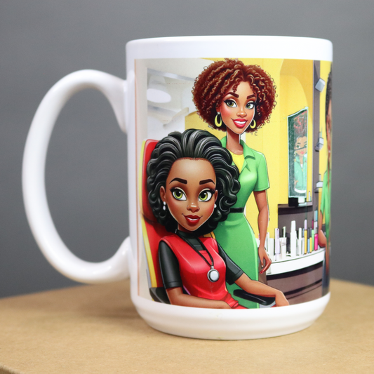 Mug with illustrations of two women in a Beauty Salon