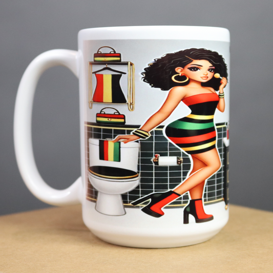 Mug with a colorful design of a beautiful African American woman getting ready to go out