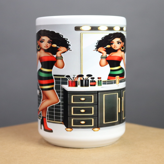 Mug with a design of a woman applying makeup in front of a mirror,