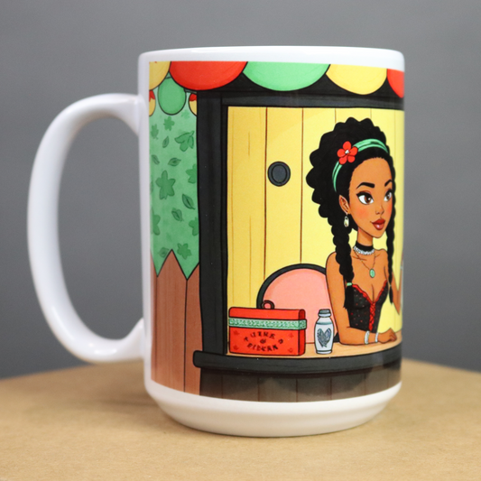 Mug with a colorful design of a beautiful African American woman explaining the power of the future