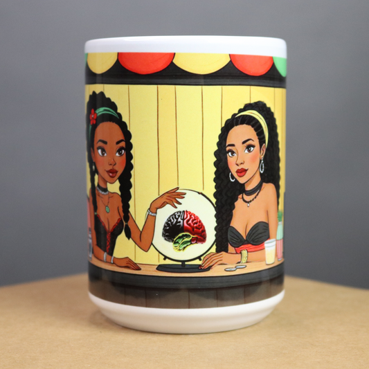 Mug with illustration of two women and a crystal ball