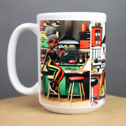 Mug with a colorful design of a woman in an ethnic kitchen on