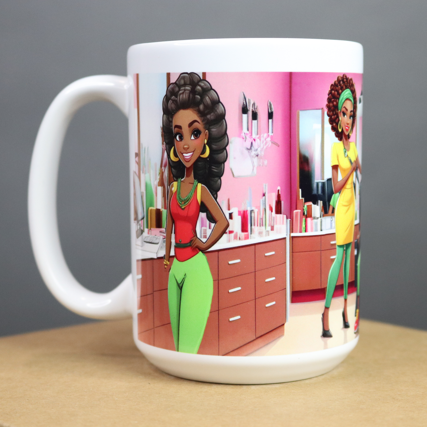 Mug with a design of a woman in a salon setting