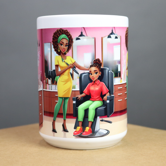 Mug with illustration of a woman getting her hair done in a salon
