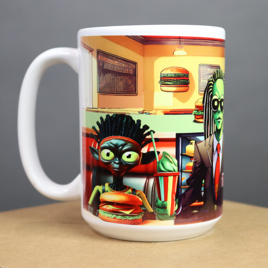 Mug with a colorful design of aliens and burgers on an ethnic background