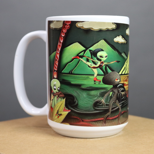Mug with alien design showcasing the Figure Skating competition 