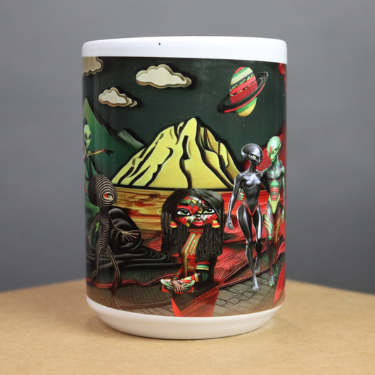 Mug with a colorful alien-themed design
